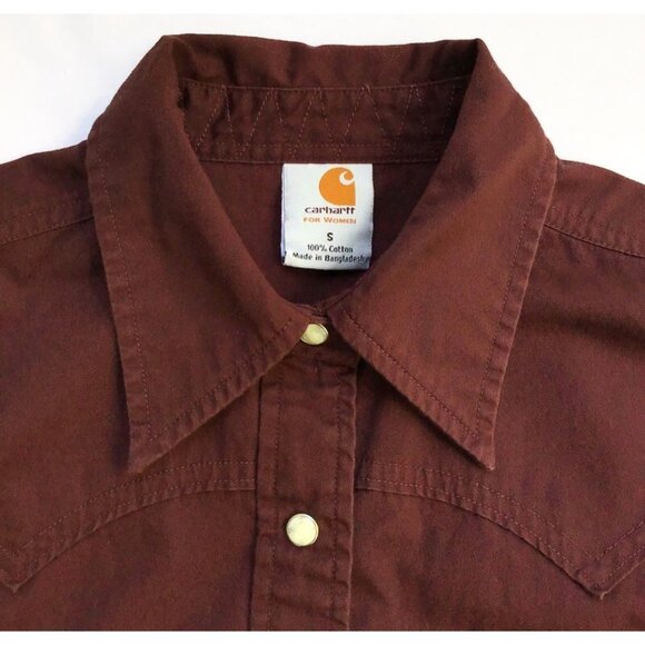 Carhartt Pearl Snap Shirt Womens S Burgundy Red Collar Western Yoke Pockets - Picture 4 of 9